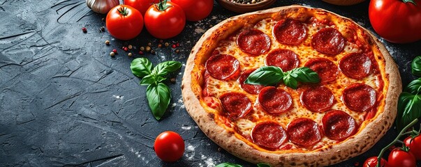 Wall Mural - Delicious pepperoni pizza on a dark background, sausage pizza, italian pepperoni pizza in pizzeria