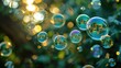 Close-up of reflective soap bubbles among leaves, with a warm bokeh background. Conveying lightness and wonder. Suitable for joy-themed decor and celebrations.