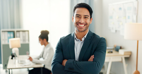 Leinwandbilder - Portrait of man with smile, confidence and coworking space, manager for online research and consulting agency. Office, happiness and businessman with arms crossed, leadership and entrepreneur at work