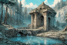 Ancient Temple In Archaeological Site Country. Fantasy Ruins, White Columns And Arches, Water, Coastal, Aquatic, Atlantis, Setting, Landscape.. Bell Tower Of The Church. 