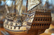 Detailed model of an antique galleon with sails and rigging. Macro photography of a historic ship replica. Maritime exploration and vintage naval architecture concept for design and print
