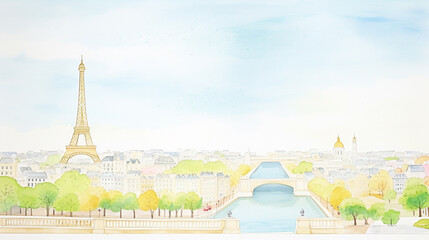 Wall Mural - Bird's-eye view of Eiffel Tower and surrounding Paris cityscape cartoon drawing, AI Generated