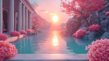3D Realm Renders. red and blue sky with flowers