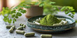 © dinastya - Organic Moringa Powder and pills Capsules on Ceramic Plate. Natural moringa green leaf powder and herbal supplements in a serene setting.