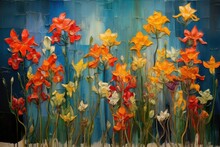  A Painting Of Orange And Yellow Flowers In Front Of A Blue And White Wall With A Blue Stripe In The Background.