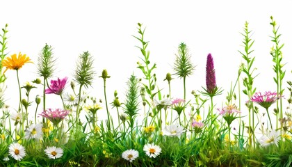 border of spring grass and flowers, with white background