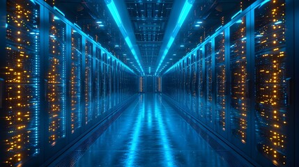 Canvas Print - blue hallway in a large data center with numerous light trails on a tunnel server. light in the tunnel