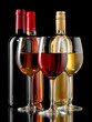 Red, white and rose wine glasses and bottles on black background
