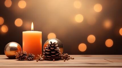  a lit candle surrounded by christmas decorations on a wooden table with a boke of lights in the back ground.