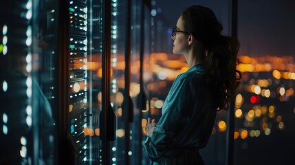 Wall Mural - business woman is looking into a data center. woman looking through window. woman on the street at night