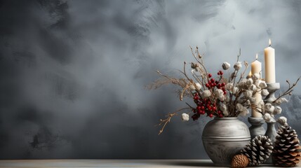 Wall Mural -  a vase filled with a bunch of white flowers next to a couple of pine cones and a couple of candles.