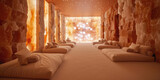Serenity orange Salt Room in Modern Wellness Spa. Tranquil salt therapy room with glowing walls and minimalistic bed setup for relaxation.