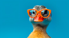 Funny Duck In Sunglasses In Trendy Style On Colorful Background. Portrait Pet Summer. Pet Care, Generated AI