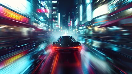 Canvas Print - fast moving car at night. car driving down a street and lights. traffic in the night