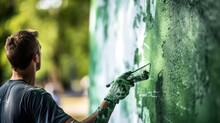  A Man Is Painting A Green Wall With A Paint Roller And A Pair Of Green Gloves On His Left Hand.