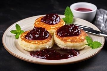  two pancakes with jam on a plate with a knife and fork next to a cup of tea on a table.