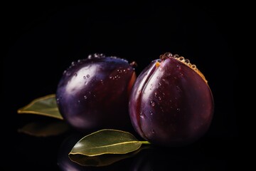  a close up of two plums with a leaf on a black surface with water droplets on the top of them.