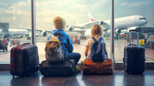 Children Sit On Their Suitcases At The Train Station In Front Of A Large Window Overlooking Planes Boarding, Waiting For Their Parents To Board Their Flight To Begin Their Vacation Travel.