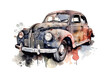 Watercolor illustration of vintage car with vibrant paint splatters on white background