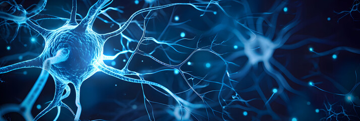 Poster - Nerve cell blue color banner, system neuron of brain with synapses. Medicine biology background. Generation