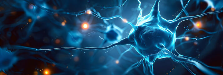 Poster - nerve cell blue color banner, system neuron of brain with synapses. medicine biology background. gen