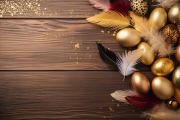 Wall Mural -  a wooden table topped with lots of different types of feathers and gold and white ornaments on top of a wooden table.