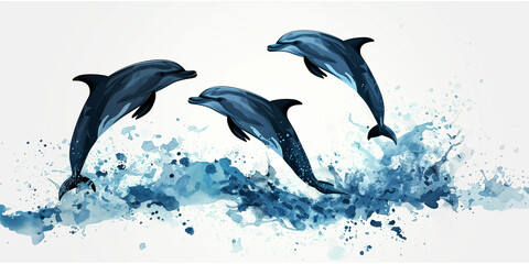 Blue dolphins jumping out of the water on a white background, watercolor illustration