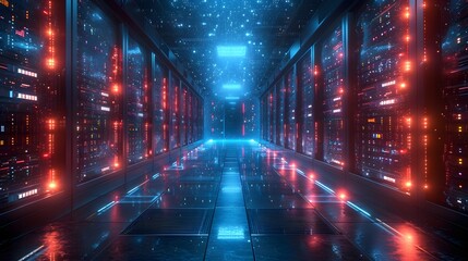 Poster - large server room in a data center with light. abstract background with glowing lights