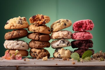 Wall Mural -  a stack of cookies sitting on top of a wooden table next to a pile of muffins and cookies.