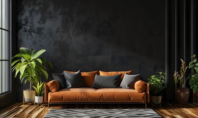 Canvas Print - living room with grey wall and brown leather sofa. modern living room with sofa. interior design