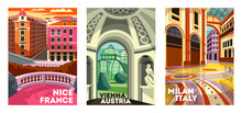 Travel Destination Posters Set. Architectural Landmarks Of Milan, Nice And Vienna. Tourism, Journey And Vacation In European City. Cartoon Flat Vector Illustrations Isolated On White Background