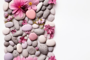 Wall Mural -  a white table topped with lots of rocks covered in pink and white flowers and a pink flower on top of it.