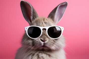 Wall Mural - Cool bunny in glasses with selective focus and copy space