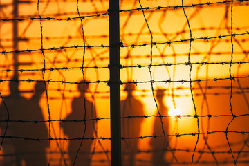 US state border fence. Background with selective focus and copy space