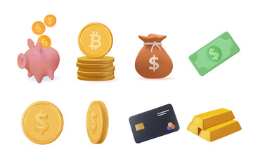 Money icons collection 3D icons set. 3D cartoon piggy bank, dollar, cash bag, credit card, stacks of coins, and coins