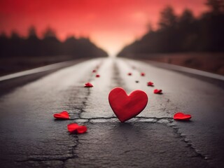 Red heart on a road. Valentine's Day. Generative AI