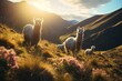  a herd of llama standing on top of a lush green hillside next to a mountain covered in pink flowers.