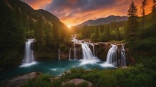 Waterfall In The Mountains Waterfalls Nature Landscape In Mountains Sunset  Motion Blur Effect With Green Trees And Orange