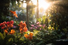  The Sun Shines Brightly Through The Trees And Flowers In The Foreground Of A Garden Filled With Colorful Flowers.