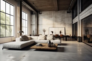  a living room with large windows and a white couch in front of a table with two vases on it.