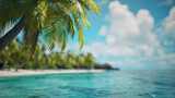 Fototapeta  - Close-Up of Palm Frond Over Turquoise Waters, Maldives Resort, Vibrant palm leaves with a blurred Maldives resort background for copy space