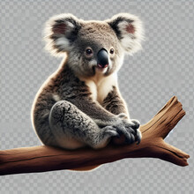 Cute Cuddly Curious Isolated Portrait Of Exotic Wild Australian Native Mother Koala Bear, Phascolarctos Cinereus Animal Sitting On A Eucalyptus Tree Branch Outdoor Wildlife With Transparent Background