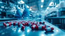 Pharmaceutical Capsules On High-tech Production Line In Modern Factory