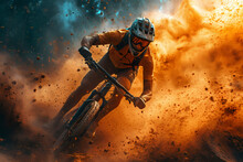 A Daring Stunt Performer Navigates Through Rugged Terrain On Their Offroading Bicycle, Equipped With A Helmet And Sports Equipment, In An Adrenaline-fueled Freeride Of Extreme Sports And Racing