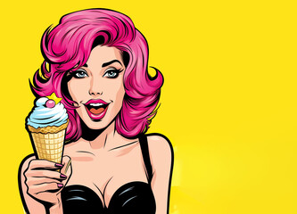 Sexy surprised pop art woman with pink hair, open mouth, eating an ice cream cone isolated on a yellow background. Retro pop art style. horizontal. 