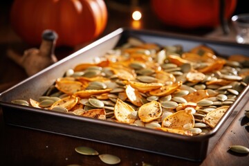 Wall Mural -  a tray of pumpkin seeds sitting on a table next to a glass of water and pumpkins in the background.