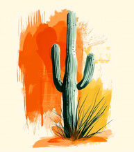 Abstract Landscape With Saguaro Cactus And Agave Plant. Sunset In The Sonoran Desert. Desert Landscape With Cactus.