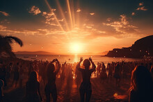 A Crowd Of People Dancing And Having Fun At A Beach Party At Sunset. Vacation Concept. Generated By Artificial Intelligence