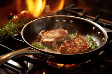  two pieces of meat cooking in a frying pan on a stove top with a fire burning in the background.