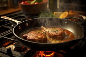  two pork chops cooking in a skillet on a stove top with a bowl of vegetables in the background.